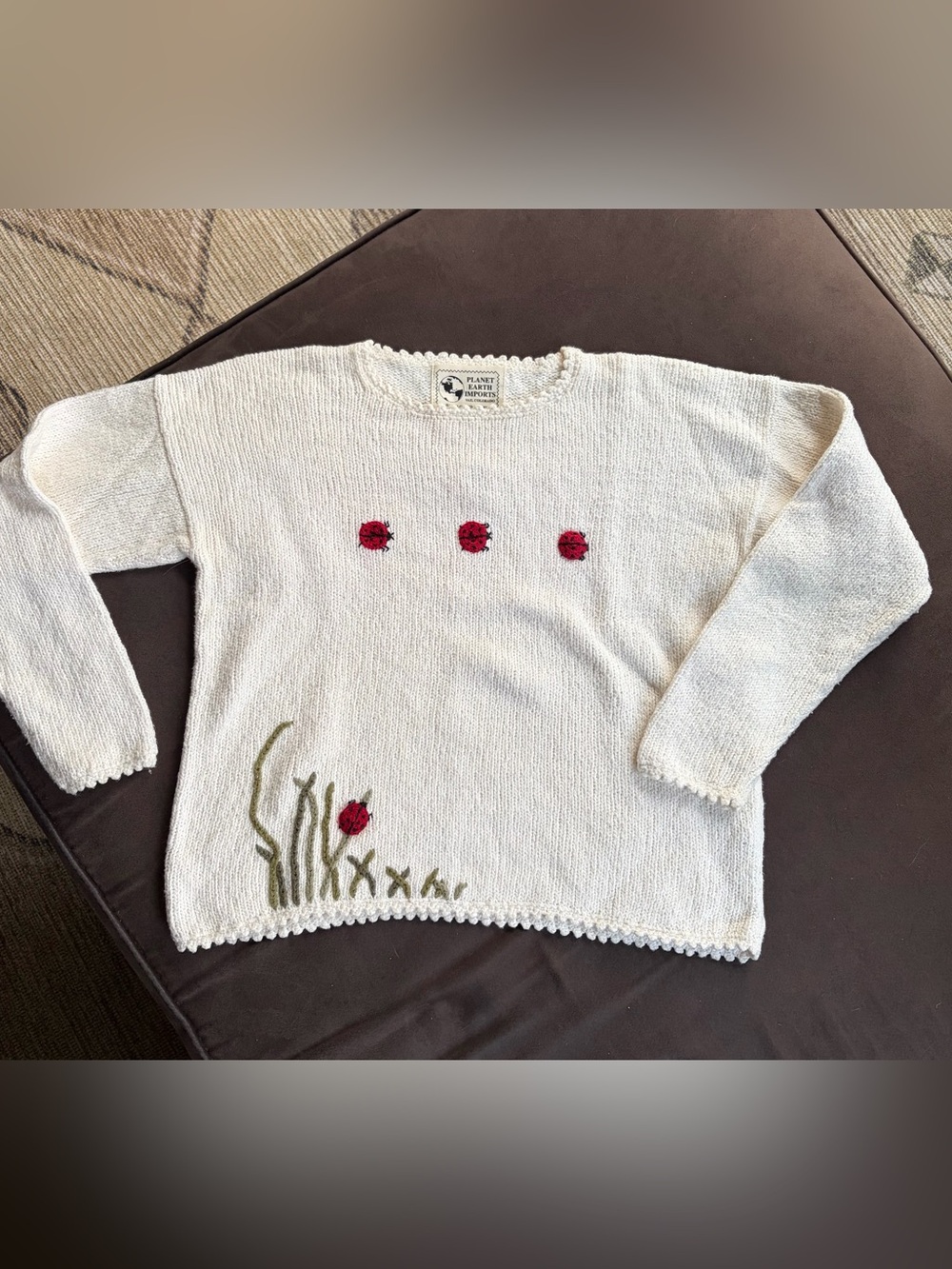 Vintage Planet Earth Imports Ladybug Embroidered Pullover Sweater size 1 small